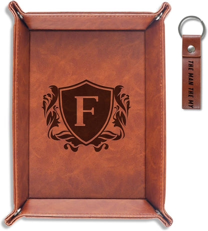 Initial Valet Tray, Desktop Storage Organizer, PU Leather Bedside Tray Key Coin Holder, Personalised Gifts for Men, Birthday, Christmas, Letter J