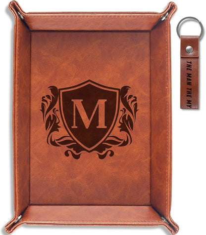 Initial Valet Tray, Desktop Storage Organizer, PU Leather Bedside Tray Key Coin Holder, Personalised Gifts for Men, Birthday, Christmas, Letter J