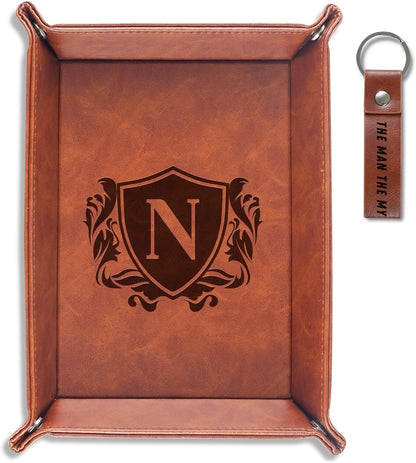Initial Valet Tray, Desktop Storage Organizer, PU Leather Bedside Tray Key Coin Holder, Personalised Gifts for Men, Birthday, Christmas, Letter J