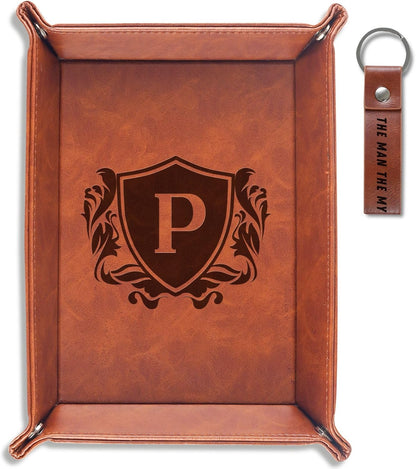 Initial Valet Tray, Desktop Storage Organizer, PU Leather Bedside Tray Key Coin Holder, Personalised Gifts for Men, Birthday, Christmas, Letter J