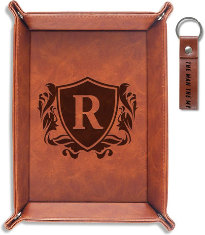 Initial Valet Tray, Desktop Storage Organizer, PU Leather Bedside Tray Key Coin Holder, Personalised Gifts for Men, Birthday, Christmas, Letter J