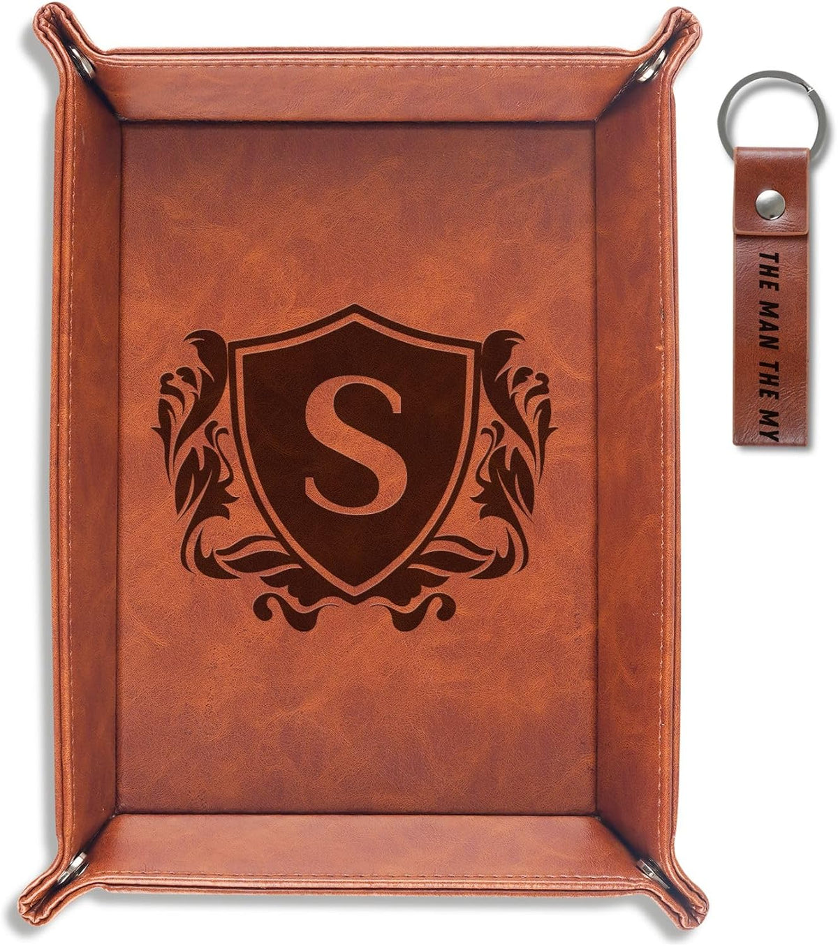 Initial Valet Tray, Desktop Storage Organizer, PU Leather Bedside Tray Key Coin Holder, Personalised Gifts for Men, Birthday, Christmas, Letter J