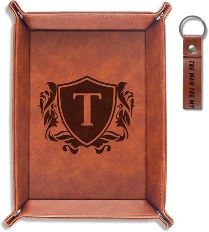 Initial Valet Tray, Desktop Storage Organizer, PU Leather Bedside Tray Key Coin Holder, Personalised Gifts for Men, Birthday, Christmas, Letter J