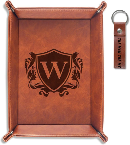 Initial Valet Tray, Desktop Storage Organizer, PU Leather Bedside Tray Key Coin Holder, Personalised Gifts for Men, Birthday, Christmas, Letter J
