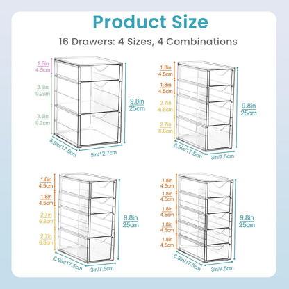 4 Set Acrylic Desk Organizer with 16 Drawers for Office, Makeup