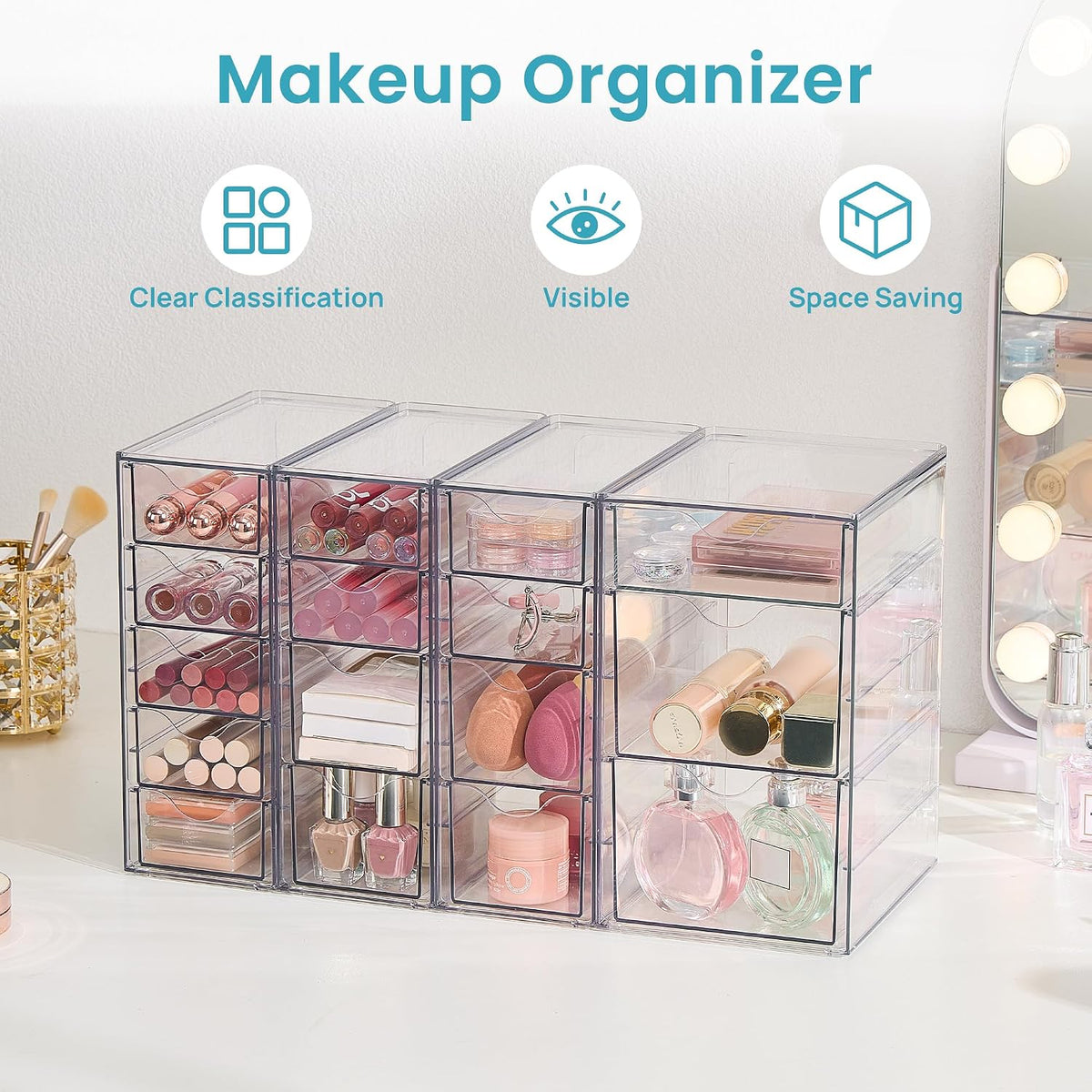 4 Set Acrylic Desk Organizer with 16 Drawers for Office, Makeup