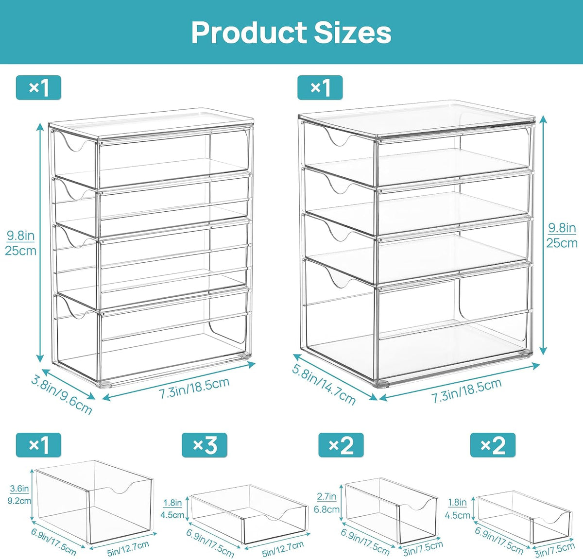4 Set Acrylic Desk Organizer with 16 Drawers for Office, Makeup