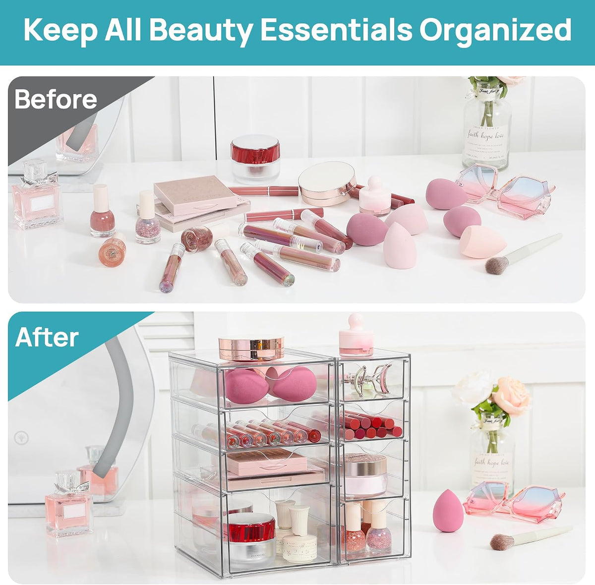 4 Set Acrylic Desk Organizer with 16 Drawers for Office, Makeup