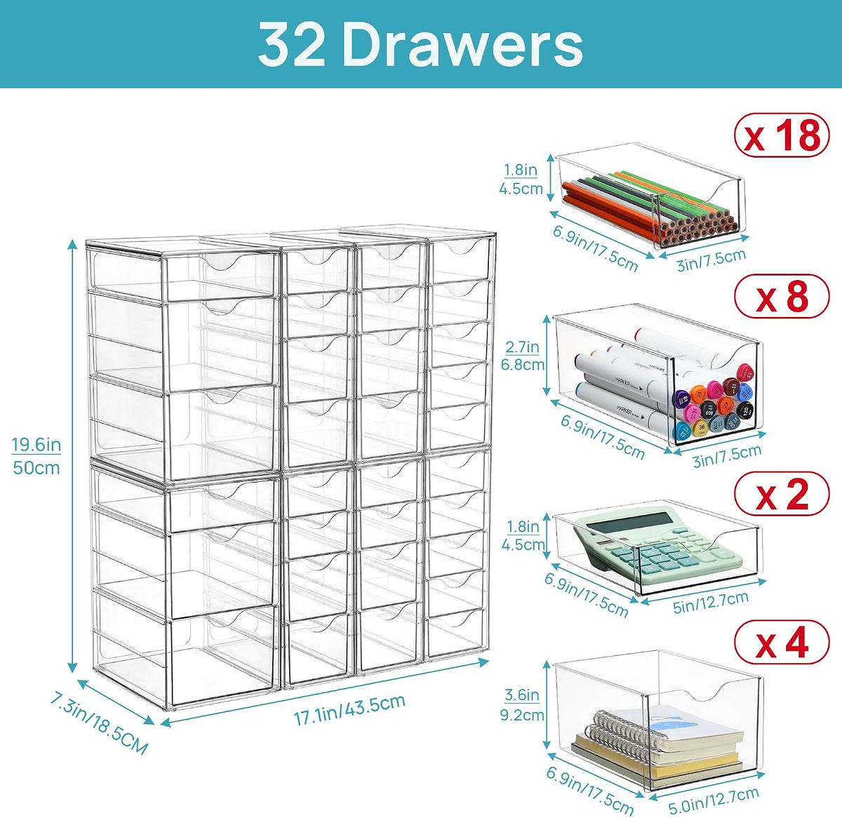 4 Set Acrylic Desk Organizer with 16 Drawers for Office, Makeup