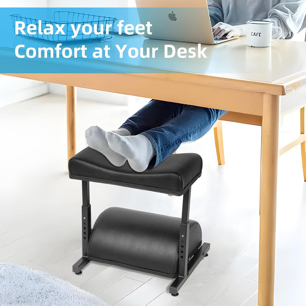 Adjustable Foot Rest Under Desk Footrest Wide Leg Rest 5 Height Positions PU Leather Covered for Desk Office Gaming Chairs Ergonomic, 16.5" L × 12.9" D × 18" H