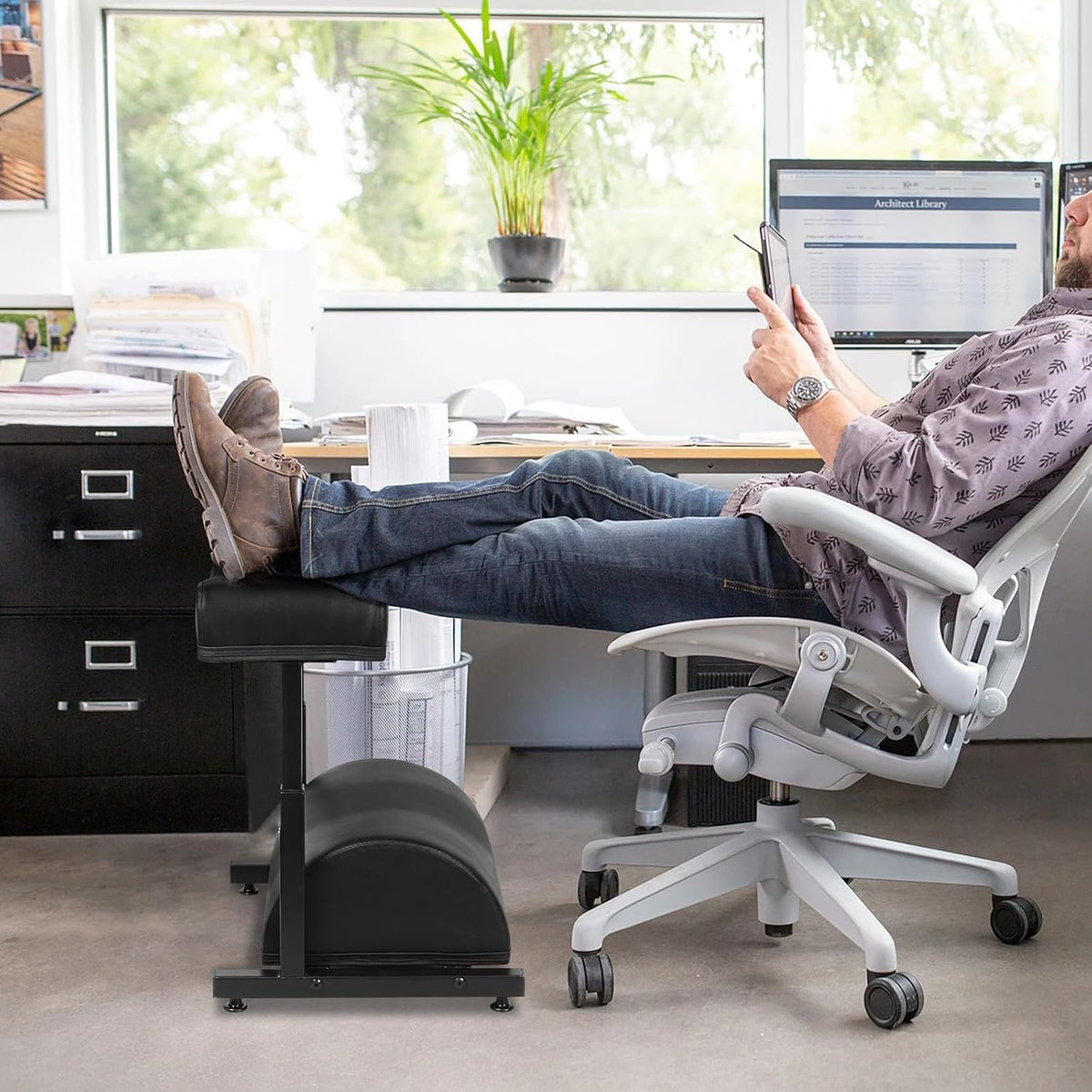 Adjustable Foot Rest Under Desk Footrest Wide Leg Rest 5 Height Positions PU Leather Covered for Desk Office Gaming Chairs Ergonomic, 16.5" L × 12.9" D × 18" H