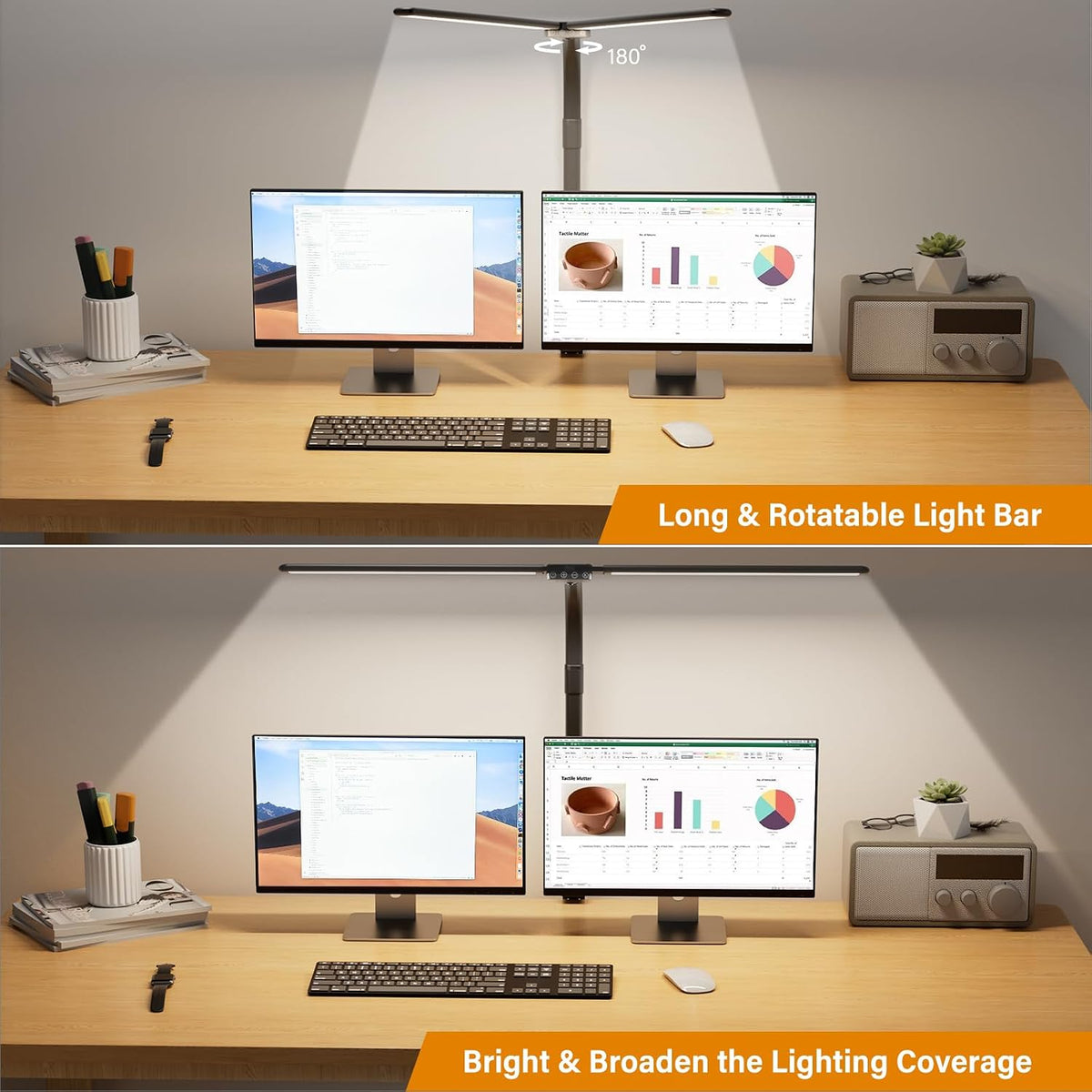 LED Desk Lamp for Home Office - Dimmable Computer Desk Light with Clamp, Modern Architect Task Lamp with Color Changing, Flexible Desktop Lamp with Gooseneck for Monitor, Double Head, Black