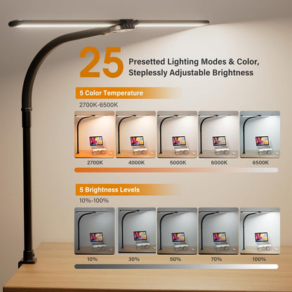 LED Desk Lamp for Home Office - Dimmable Computer Desk Light with Clamp, Modern Architect Task Lamp with Color Changing, Flexible Desktop Lamp with Gooseneck for Monitor, Double Head, Black