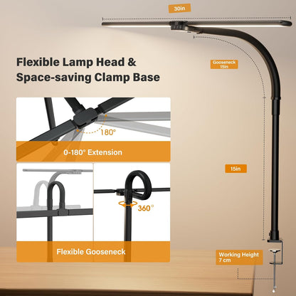 LED Desk Lamp for Home Office - Dimmable Computer Desk Light with Clamp, Modern Architect Task Lamp with Color Changing, Flexible Desktop Lamp with Gooseneck for Monitor, Double Head, Black