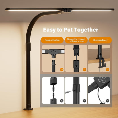 LED Desk Lamp for Home Office - Dimmable Computer Desk Light with Clamp, Modern Architect Task Lamp with Color Changing, Flexible Desktop Lamp with Gooseneck for Monitor, Double Head, Black
