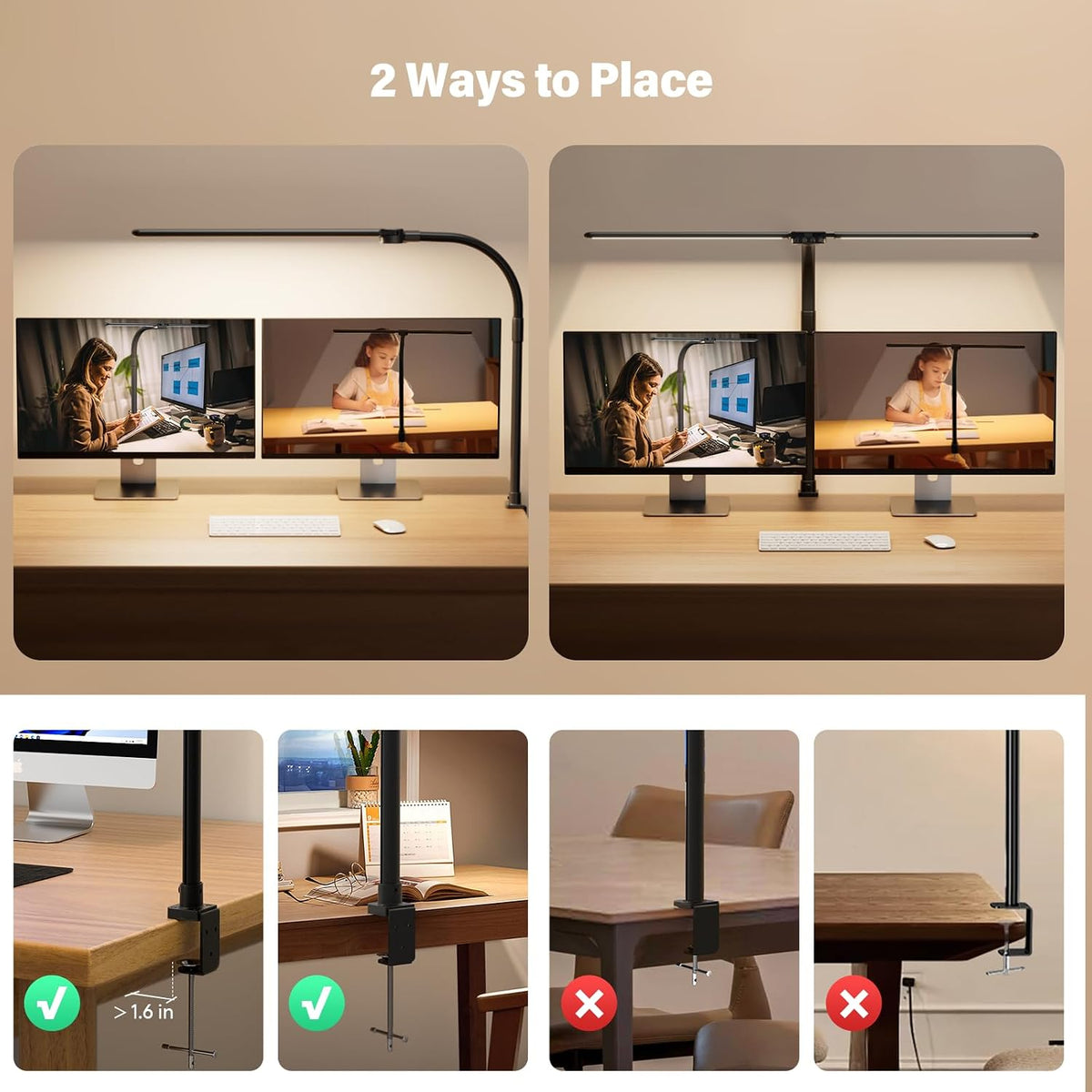 LED Desk Lamp for Home Office - Dimmable Computer Desk Light with Clamp, Modern Architect Task Lamp with Color Changing, Flexible Desktop Lamp with Gooseneck for Monitor, Double Head, Black