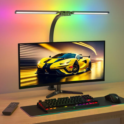 LED Desk Lamp for Home Office - Dimmable Computer Desk Light with Clamp, Modern Architect Task Lamp with Color Changing, Flexible Desktop Lamp with Gooseneck for Monitor, Double Head, Black