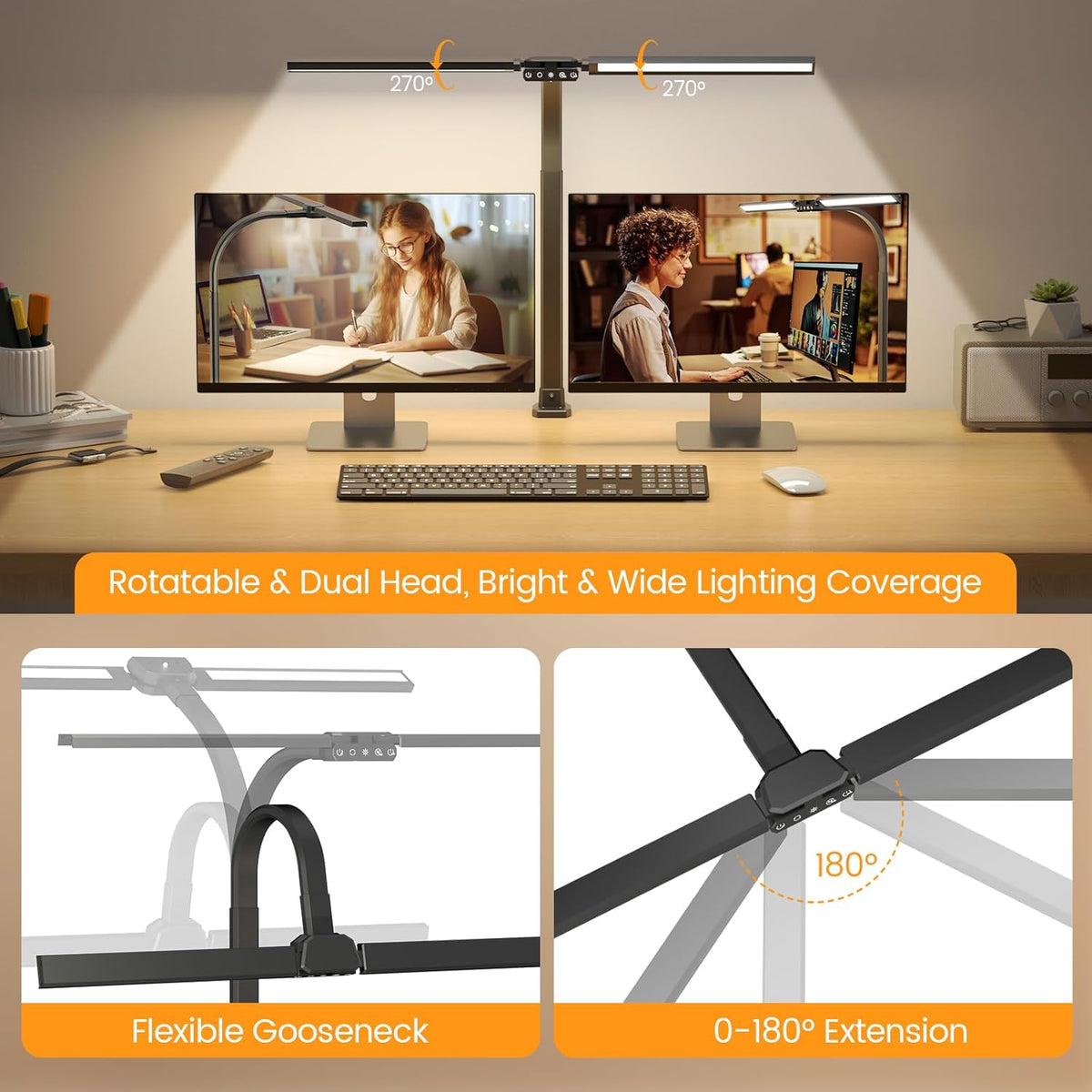 LED Desk Lamp for Home Office - Dimmable Computer Desk Light with Clamp, Modern Architect Task Lamp with Color Changing, Flexible Desktop Lamp with Gooseneck for Monitor, Double Head, Black