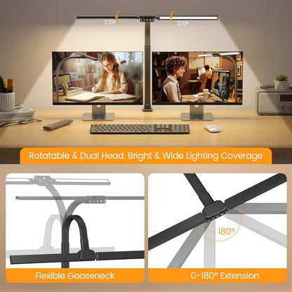 LED Desk Lamp for Home Office - Dimmable Computer Desk Light with Clamp, Modern Architect Task Lamp with Color Changing, Flexible Desktop Lamp with Gooseneck for Monitor, Double Head, Black