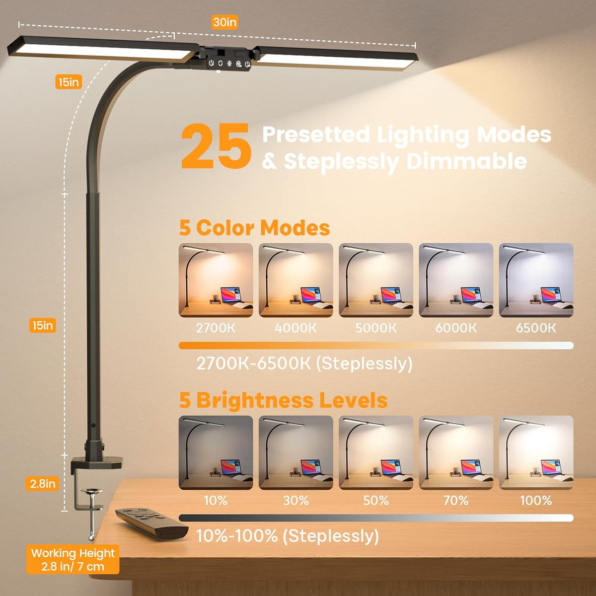 LED Desk Lamp for Home Office - Dimmable Computer Desk Light with Clamp, Modern Architect Task Lamp with Color Changing, Flexible Desktop Lamp with Gooseneck for Monitor, Double Head, Black
