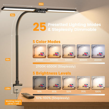LED Desk Lamp for Home Office - Dimmable Computer Desk Light with Clamp, Modern Architect Task Lamp with Color Changing, Flexible Desktop Lamp with Gooseneck for Monitor, Double Head, Black