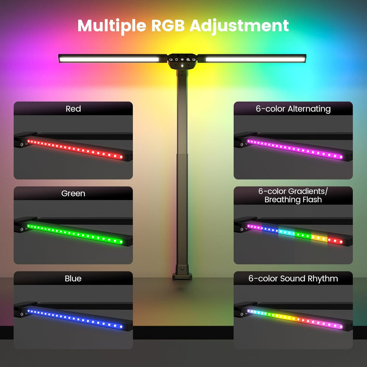 LED Desk Lamp for Home Office - Dimmable Computer Desk Light with Clamp, Modern Architect Task Lamp with Color Changing, Flexible Desktop Lamp with Gooseneck for Monitor, Double Head, Black