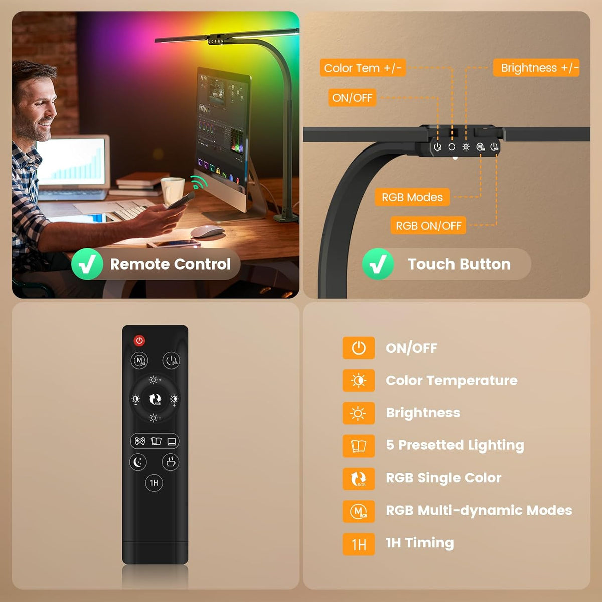 LED Desk Lamp for Home Office - Dimmable Computer Desk Light with Clamp, Modern Architect Task Lamp with Color Changing, Flexible Desktop Lamp with Gooseneck for Monitor, Double Head, Black