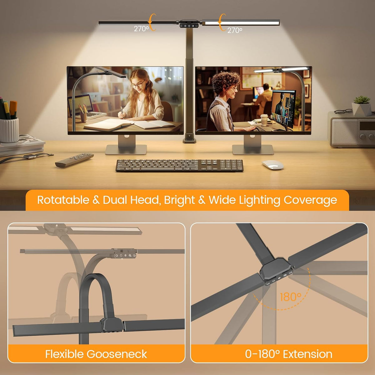 LED Desk Lamp for Home Office - Dimmable Computer Desk Light with Clamp, Modern Architect Task Lamp with Color Changing, Flexible Desktop Lamp with Gooseneck for Monitor, Double Head, Black