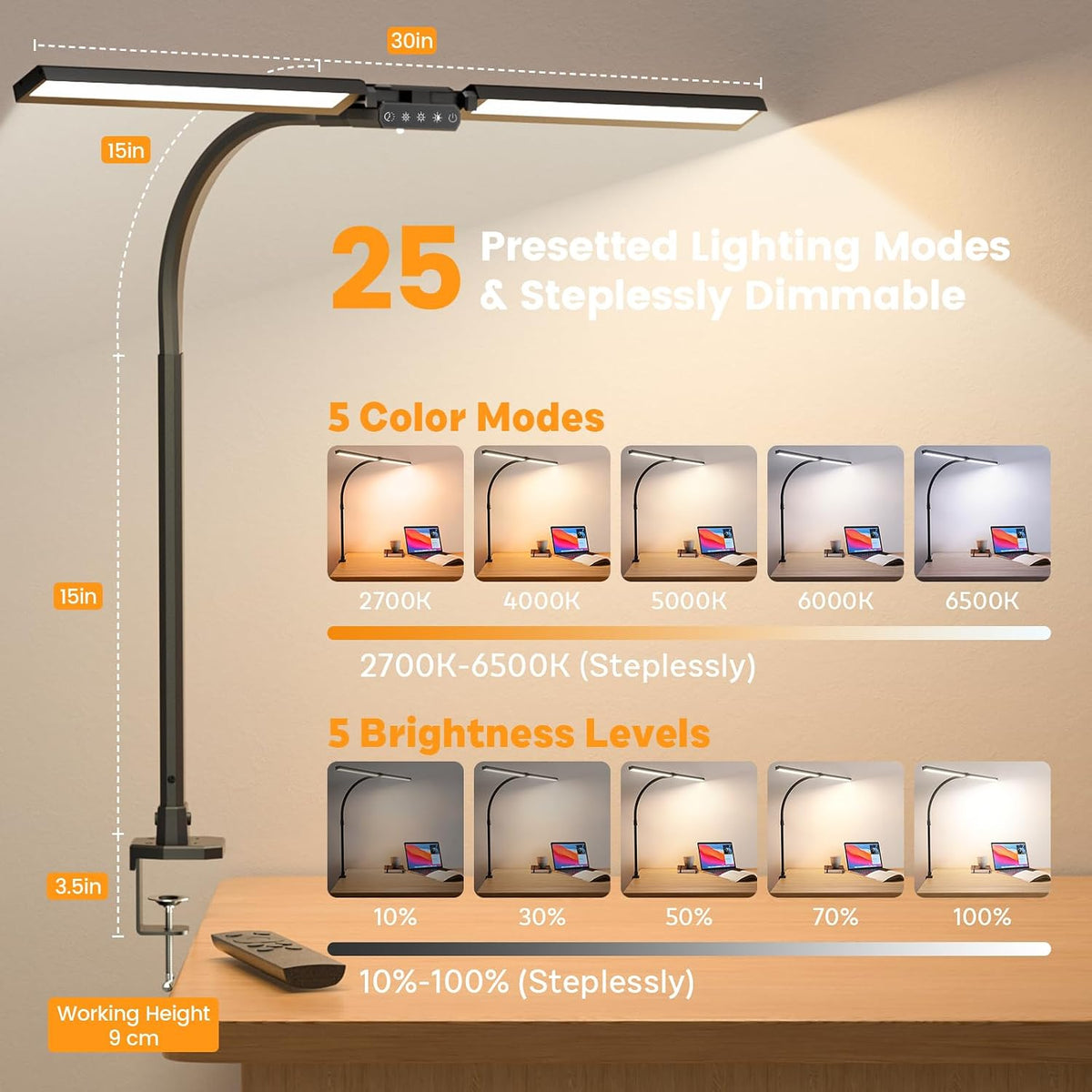 LED Desk Lamp for Home Office - Dimmable Computer Desk Light with Clamp, Modern Architect Task Lamp with Color Changing, Flexible Desktop Lamp with Gooseneck for Monitor, Double Head, Black