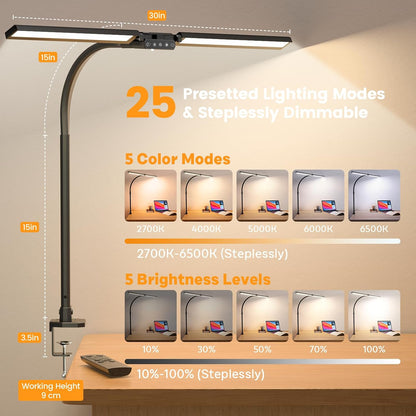 LED Desk Lamp for Home Office - Dimmable Computer Desk Light with Clamp, Modern Architect Task Lamp with Color Changing, Flexible Desktop Lamp with Gooseneck for Monitor, Double Head, Black