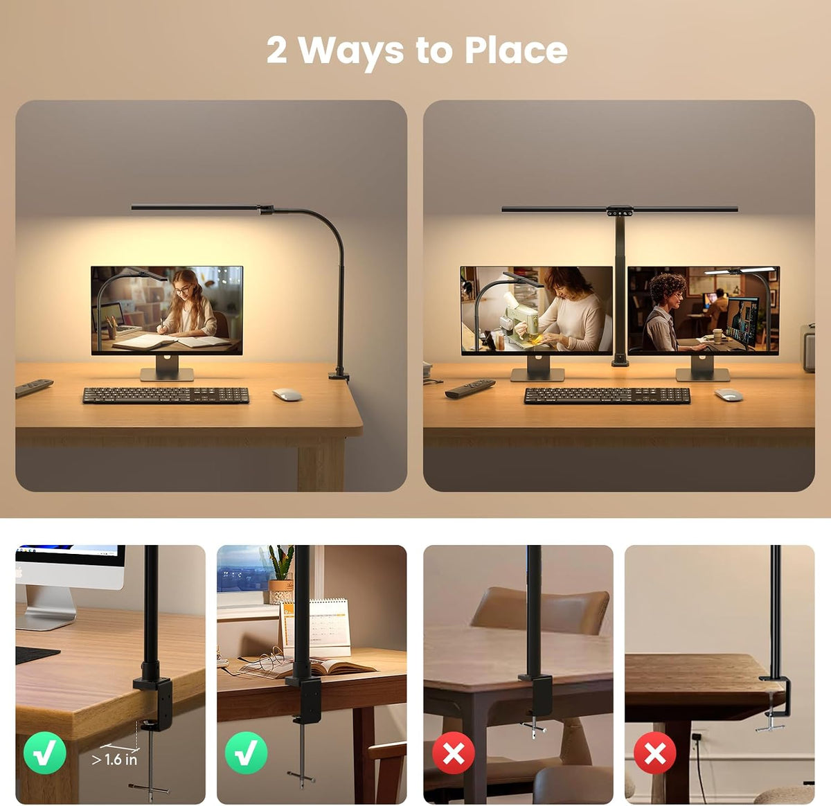 LED Desk Lamp for Home Office - Dimmable Computer Desk Light with Clamp, Modern Architect Task Lamp with Color Changing, Flexible Desktop Lamp with Gooseneck for Monitor, Double Head, Black