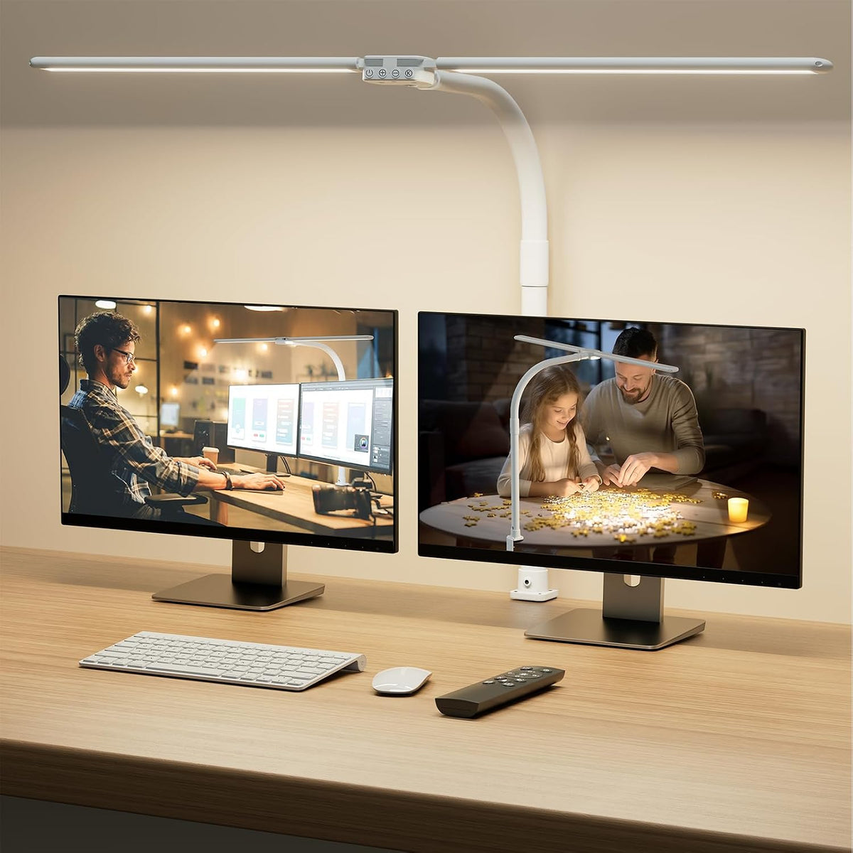 LED Desk Lamp for Home Office - Dimmable Computer Desk Light with Clamp, Modern Architect Task Lamp with Color Changing, Flexible Desktop Lamp with Gooseneck for Monitor, Double Head, Black