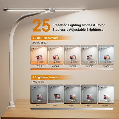 LED Desk Lamp for Home Office - Dimmable Computer Desk Light with Clamp, Modern Architect Task Lamp with Color Changing, Flexible Desktop Lamp with Gooseneck for Monitor, Double Head, Black