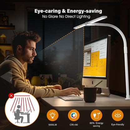 LED Desk Lamp for Home Office - Dimmable Computer Desk Light with Clamp, Modern Architect Task Lamp with Color Changing, Flexible Desktop Lamp with Gooseneck for Monitor, Double Head, Black