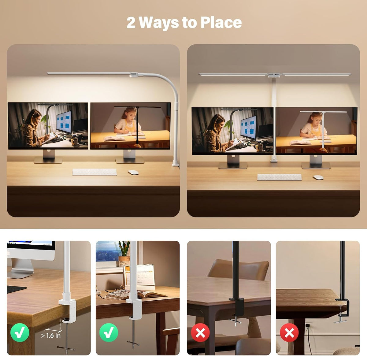 LED Desk Lamp for Home Office - Dimmable Computer Desk Light with Clamp, Modern Architect Task Lamp with Color Changing, Flexible Desktop Lamp with Gooseneck for Monitor, Double Head, Black