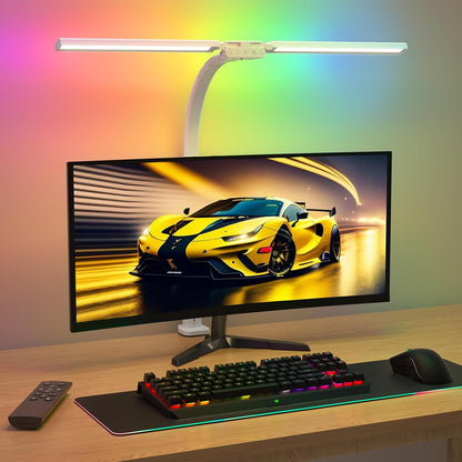 LED Desk Lamp for Home Office - Dimmable Computer Desk Light with Clamp, Modern Architect Task Lamp with Color Changing, Flexible Desktop Lamp with Gooseneck for Monitor, Double Head, Black