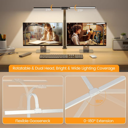 LED Desk Lamp for Home Office - Dimmable Computer Desk Light with Clamp, Modern Architect Task Lamp with Color Changing, Flexible Desktop Lamp with Gooseneck for Monitor, Double Head, Black