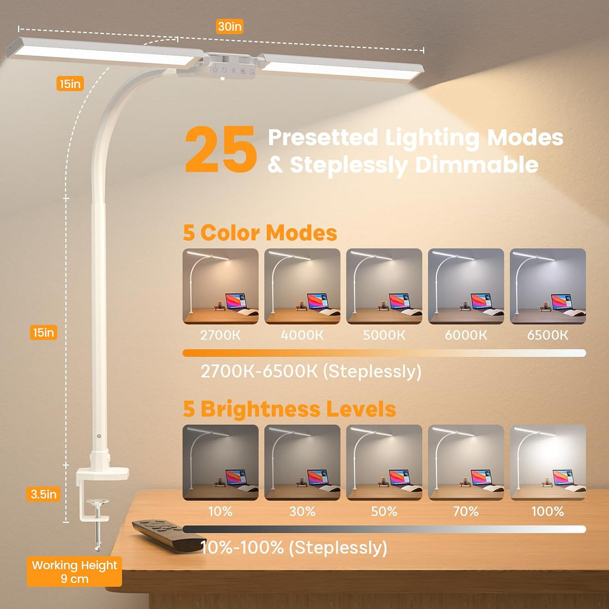 LED Desk Lamp for Home Office - Dimmable Computer Desk Light with Clamp, Modern Architect Task Lamp with Color Changing, Flexible Desktop Lamp with Gooseneck for Monitor, Double Head, Black
