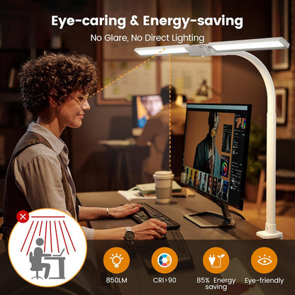 LED Desk Lamp for Home Office - Dimmable Computer Desk Light with Clamp, Modern Architect Task Lamp with Color Changing, Flexible Desktop Lamp with Gooseneck for Monitor, Double Head, Black