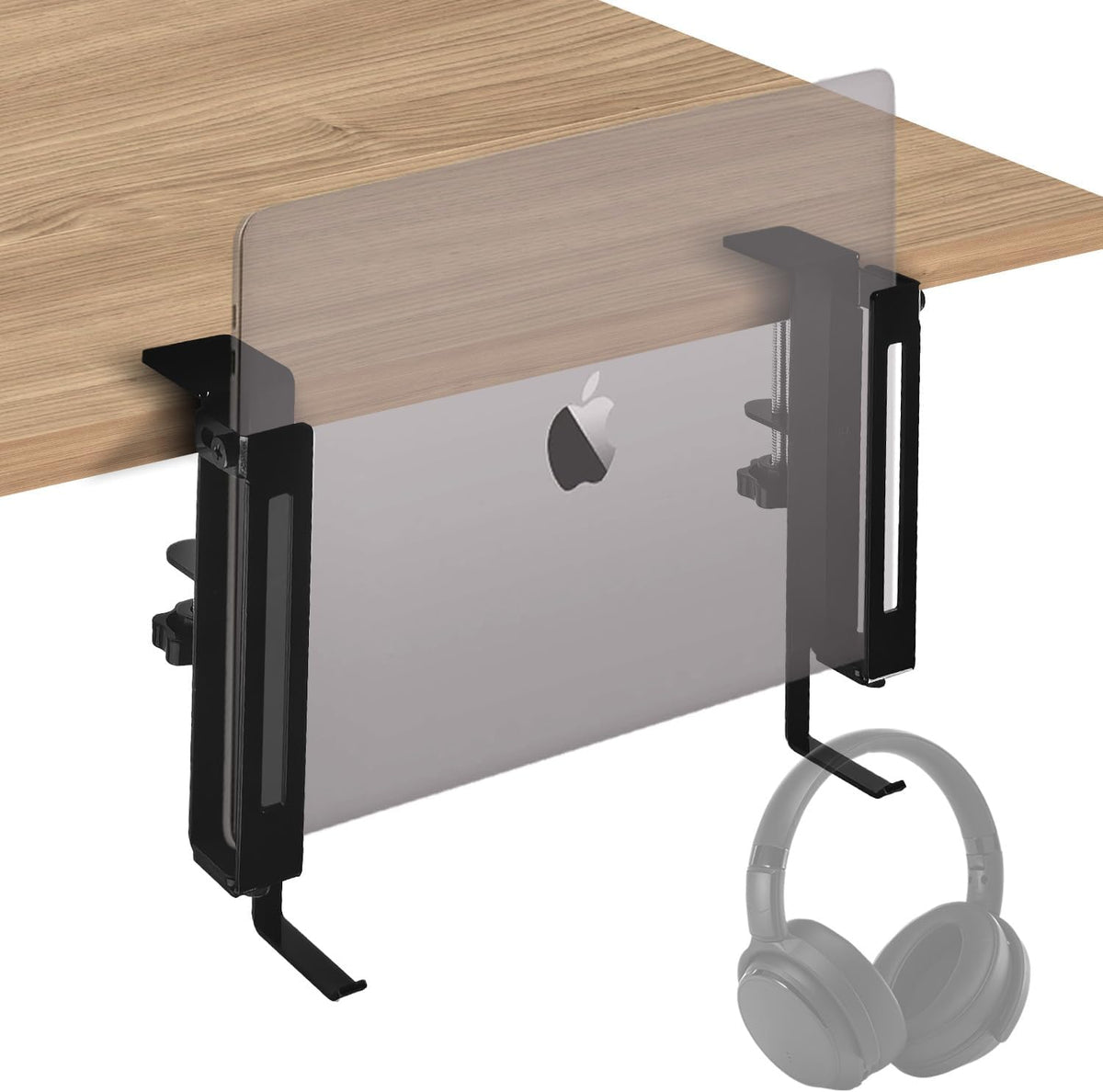 No Drill Adjustable Desk Side Laptop Mount Headphone Hook (Black)