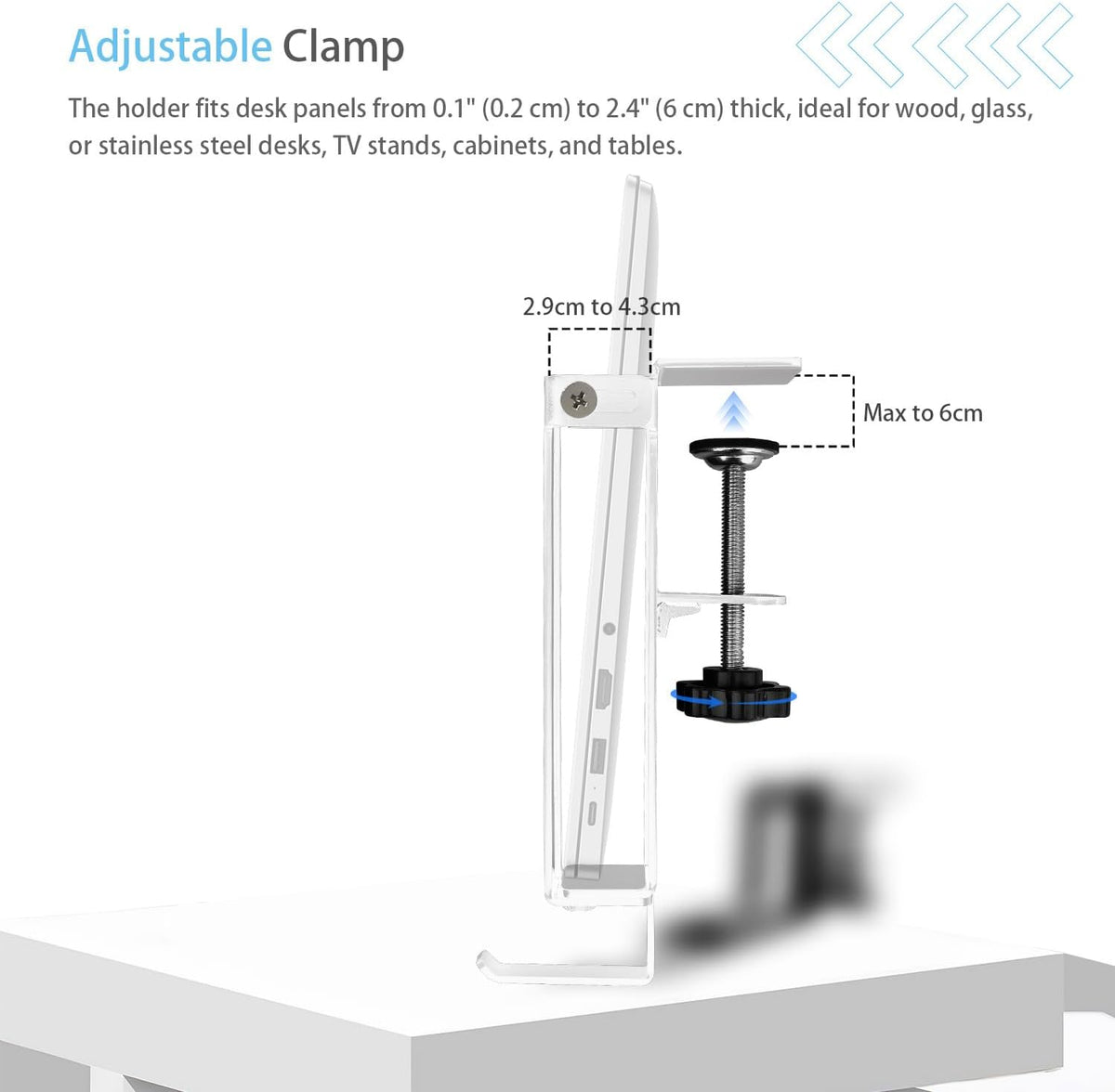 No Drill Adjustable Desk Side Laptop Mount Headphone Hook (Black)