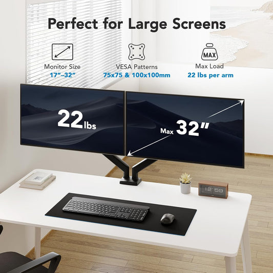 Dual Monitor Mount for 2 Monitors up to 32 inches, Each Arm Holds Max 22lbs, Dual Monitor Stand with Advanced System, Height-Adjustable/Tilt/Swivel/Rotate, VESA Standard 75mm or 100mm