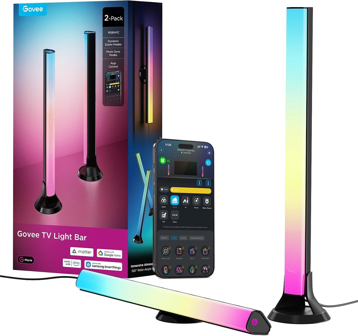 Smart RGBWIC Light Bars, 15-Inch WiFi TV Backlight for 45-70-Inch TVs