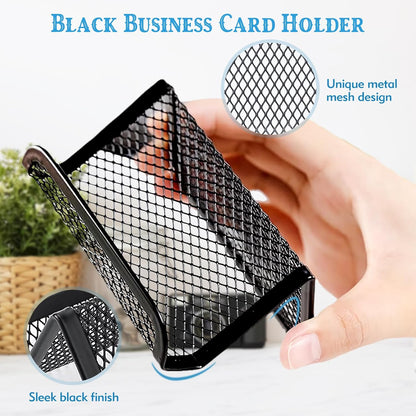 2 Pcs Black Business Card Holder Desk, Wire Mesh Business Card Holder Display, Desktop Business Card Stand, Metal Business Card Display Holder for real estate, Office, Tradeshow, Bar (2)