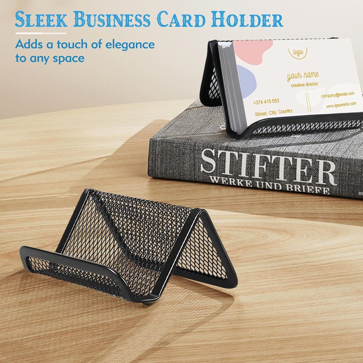 2 Pcs Black Business Card Holder Desk, Wire Mesh Business Card Holder Display, Desktop Business Card Stand, Metal Business Card Display Holder for real estate, Office, Tradeshow, Bar (2)