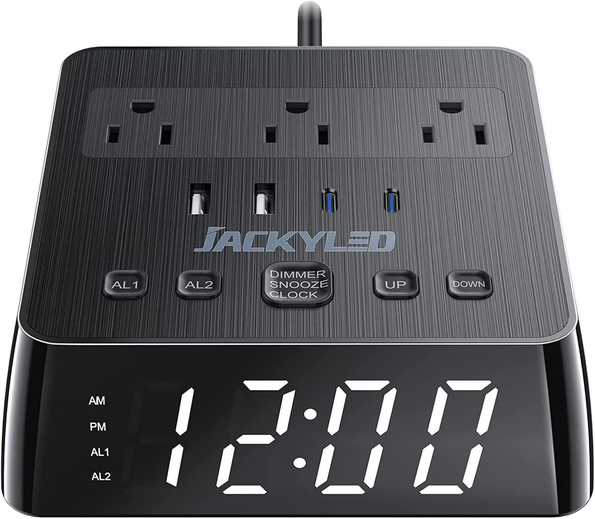 Alarm Clock with 4 USB Chargers, Power Strip 3 Outlets, 1700J