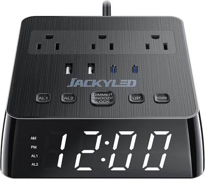 Alarm Clock with 4 USB Chargers, Power Strip 3 Outlets, 1700J