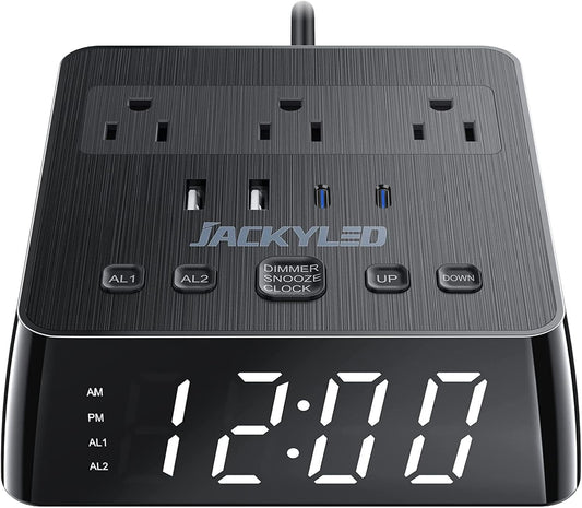 Alarm Clock with 4 USB Chargers, Power Strip 3 Outlets, 1700J
