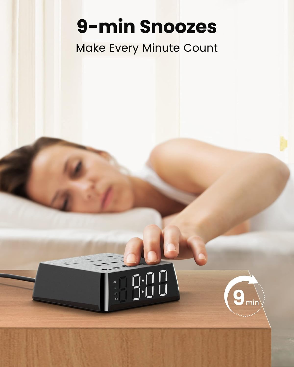 Alarm Clock with 4 USB Chargers, Power Strip 3 Outlets, 1700J