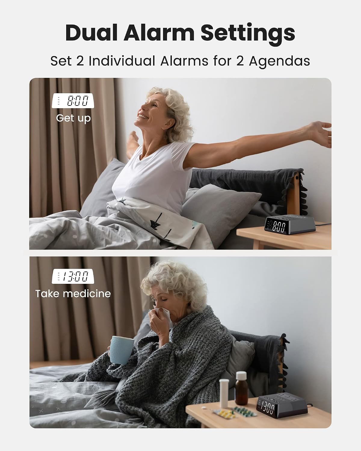 Alarm Clock with 4 USB Chargers, Power Strip 3 Outlets, 1700J